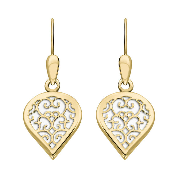18ct Yellow Gold Bauxite Flore Filigree Heart Drop Earrings. E2588.