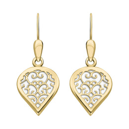 18ct Yellow Gold Bauxite Flore Filigree Heart Drop Earrings. E2588.