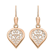 18ct Rose Gold Bauxite Flore Filigree Heart Drop Earrings. E2588.