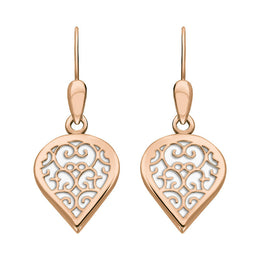 18ct Rose Gold Bauxite Flore Filigree Heart Drop Earrings. E2588.
