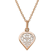 18ct Rose Gold Bauxite Flore Filigree Small Heart Necklace. P3629.
