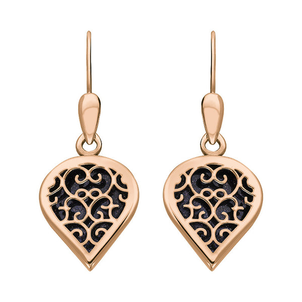 18ct Rose Gold Blue Goldstone Flore Filigree Heart Drop Earrings. E2588.