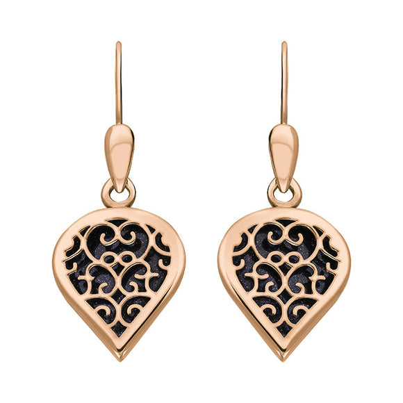 18ct Rose Gold Blue Goldstone Flore Filigree Heart Drop Earrings. E2588.