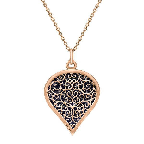 18ct Rose Gold Blue Goldstone Flore Filigree Large Heart Necklace. P3631.