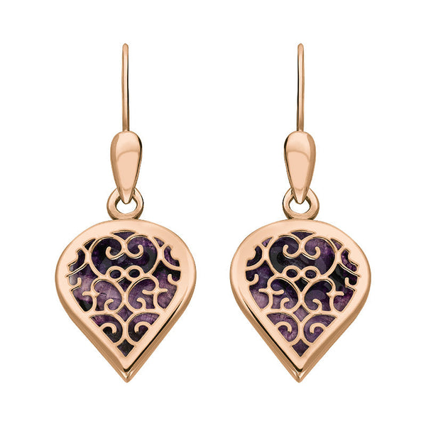 18ct Rose Gold Blue John Flore Filigree Heart Drop Earrings. E2588.