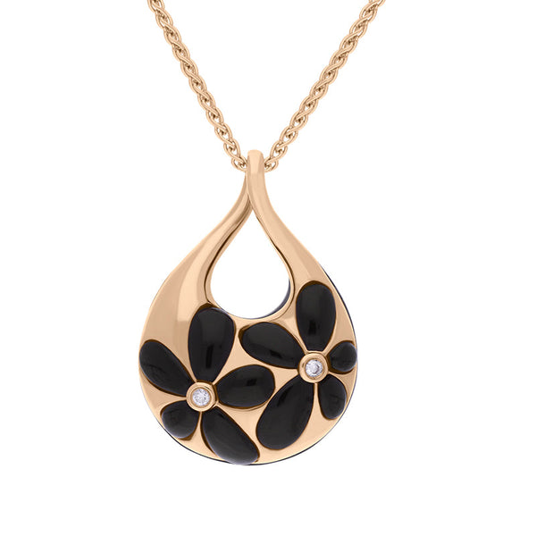 18ct Rose Gold Diamond Whitby Jet Teardrop Necklace D
