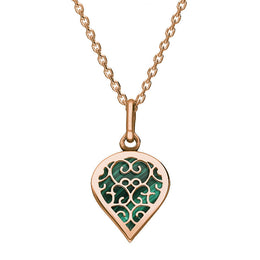 18ct Rose Gold Malachite Flore Filigree Small Heart Necklace. P3629.