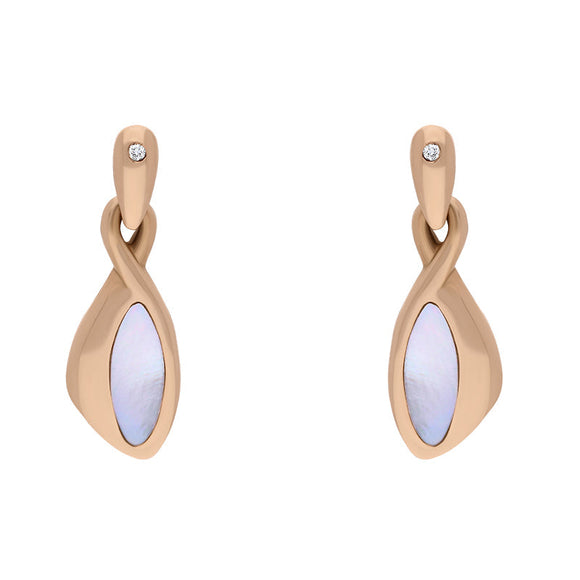 18ct Rose Gold Mother Of Pearl 0.02ct Diamond Pebble Shape Drop Earrings, E338.