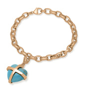18ct Rose Gold Turquoise Large Cross Heart Charm Bracelet, B1211