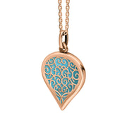 18ct Rose Gold Turquoise Flore Filigree Medium Heart Necklace. P3630.