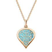 18ct Rose Gold Turquoise Flore Filigree Medium Heart Necklace. P3630.