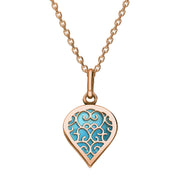 18ct Rose Gold Turquoise Flore Filigree Small Heart Necklace. P3629.
