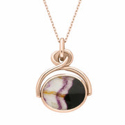 18ct Rose Gold Whitby Jet Blue John Oval Swivel Fob Necklace, P096.