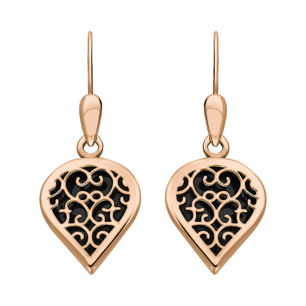 18ct Rose Gold Whitby Jet Flore Filigree Heart Drop Earrings. E2588.