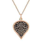 18ct Rose Gold Whitby Jet Flore Filigree Large Heart Necklace. P3631.