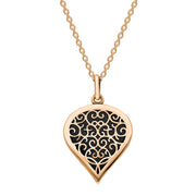 18ct Rose Gold Whitby Jet Flore Filigree Medium Heart Necklace. P3630.