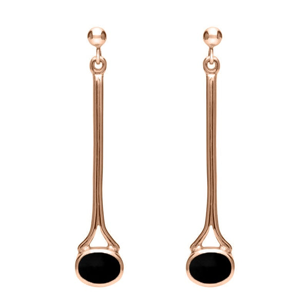 18ct Rose Gold Whitby Jet Long Drop Earrings. E094.