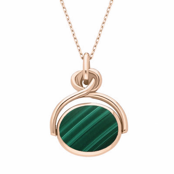 18ct Rose Gold Whitby Jet Malachite Oval Swivel Fob Necklace, P096.