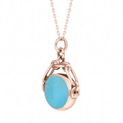 18ct Rose Gold Whitby Jet Turquoise Double Sided Swivel Fob Necklace, P209_3.