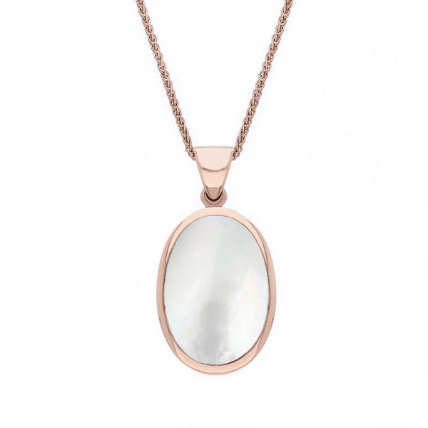 18ct Rose Gold Whitby Jet White Mother Of Pearl Small Double Sided Fob Necklace, P832.