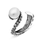 18ct White Gold Freshwater Pearl Bead Swirl Tentacle Ring, R1184.