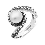 18ct White Gold Freshwater Pearl Bead Twist Tentacle Ring, R1185.