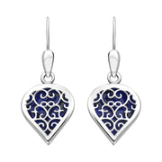 18ct White Gold Lapis Lazuli Flore Filigree Heart Drop Earrings. E2588.