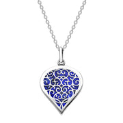 18ct White Gold Lapis Lazuli Flore Filigree Medium Heart Necklace. P3630.