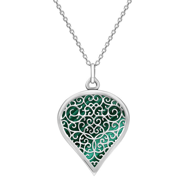 18ct White Gold Malachite Flore Filigree Large Heart Necklace. P3631.