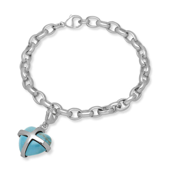 18ct White Gold Turquoise Medium Cross Heart Charm Bracelet, B1210