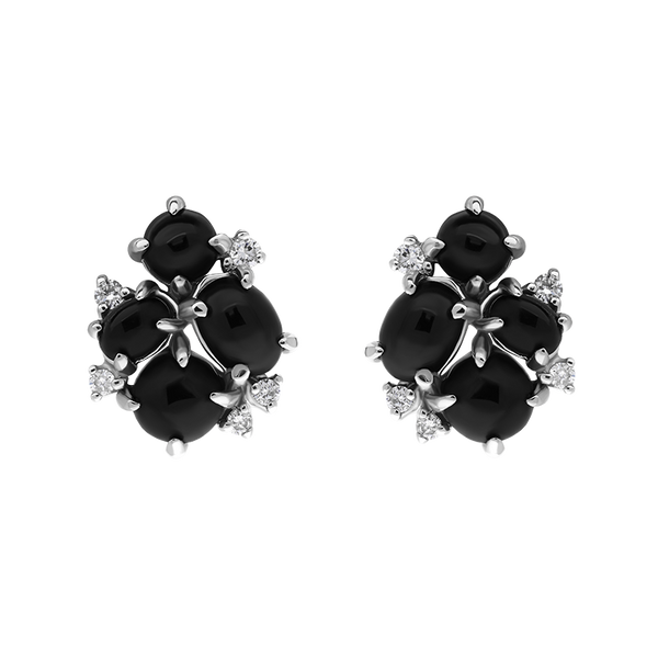 18ct White Gold Whitby Jet 0.13ct Diamond Four Stone Abstract Cluster Stud Earrings E1670