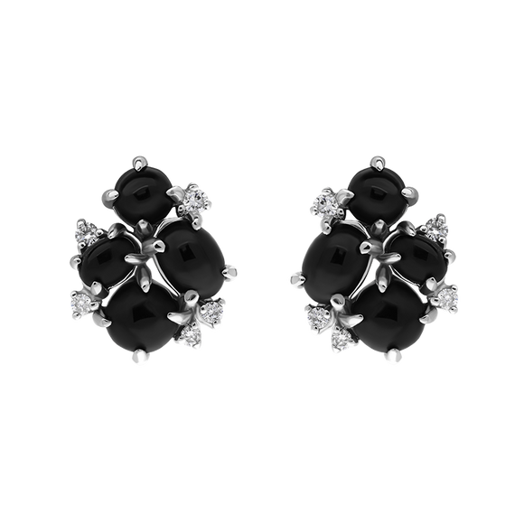 18ct White Gold Whitby Jet 0.13ct Diamond Four Stone Abstract Cluster Stud Earrings E1670