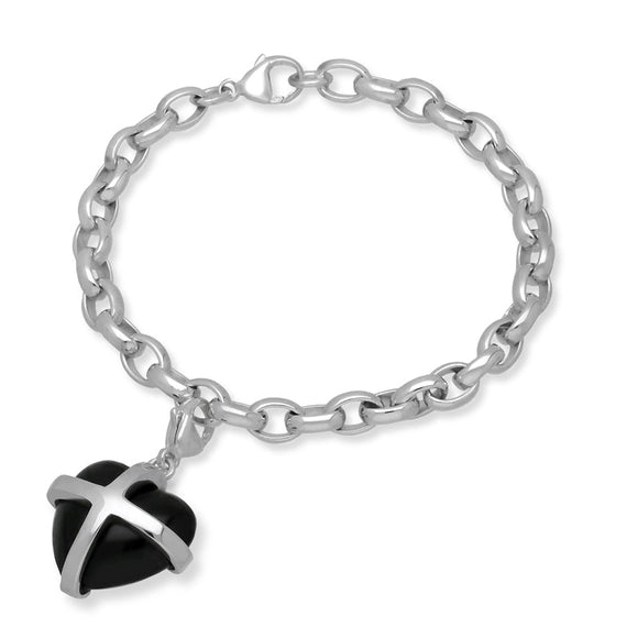 18ct White Gold Whitby Jet Large Cross Heart Charm Bracelet, B1211