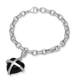 18ct White Gold Whitby Jet Large Cross Heart Charm Bracelet, B1211