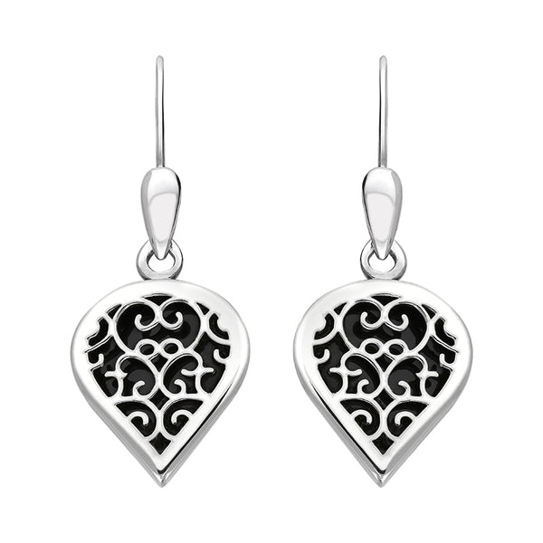 18ct White Gold Whitby Jet Flore Filigree Heart Drop Earrings. E2588.