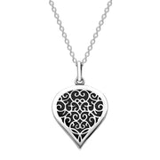 18ct White Gold Whitby Jet Flore Filigree Medium Heart Necklace. P3630.