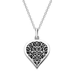 18ct White Gold Whitby Jet Flore Filigree Medium Heart Necklace. P3630.
