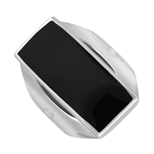 18ct White Gold Whitby Jet Hallmark Medium Oblong Ring, R065_FH