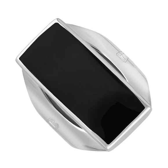 18ct White Gold Whitby Jet Hallmark Medium Oblong Ring, R065_FH