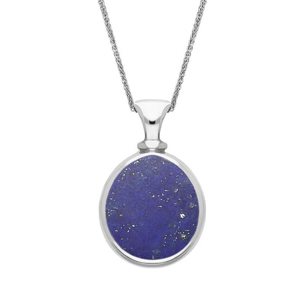 18ct White Gold Whitby Jet Lapis Lazuli Small Double Sided Pear Fob Necklace, P220.