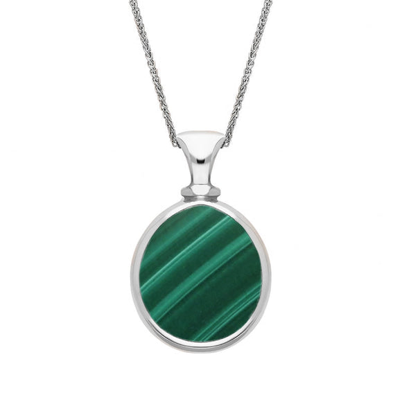 18ct White Gold Whitby Jet Malachite Small Double Sided Pear Fob Necklace, P220.