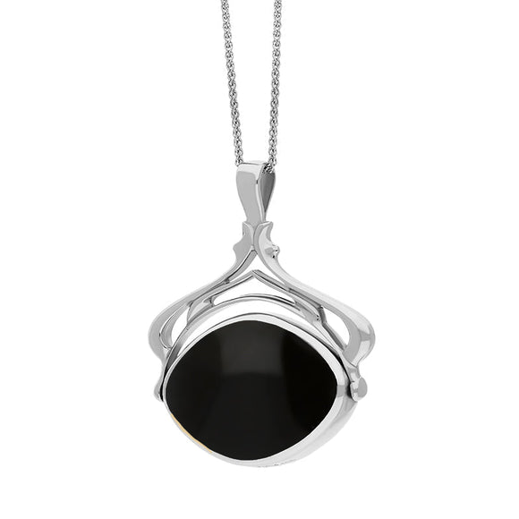 18ct White Gold Whitby Jet Mother Of Pearl Marquise Swivel Fob Necklace