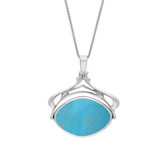 18ct White Gold Whitby Jet Turquoise Marquise Swivel Fob Necklace, P115_10.