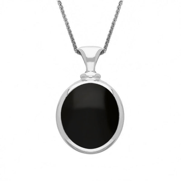 18ct White Gold Whitby Jet White Mother Of Pearl Small Double Sided Oval Fob Necklace, P219.
