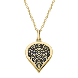 18ct Yellow Gold Blue Goldstone Flore Filigree Medium Heart Necklace. P3630.