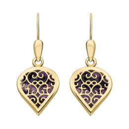 18ct Yellow Gold Blue John Flore Filigree Heart Drop Earrings. E2588.