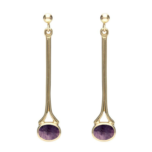 18ct Yellow Gold Blue John Long Drop Earrings. E094.