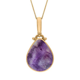 18ct Yellow Gold Blue John Whitby Jet Double Sided Pear Fob Necklace, P056_2.