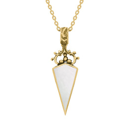 18ct Yellow Gold Blue John White Mother Of Pearl Double Sided Scroll Top Dagger Fob Necklace, P423_2.