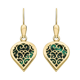 18ct Yellow Gold Malachite Flore Filigree Heart Drop Earrings. E2588.